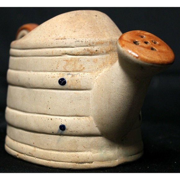 Pottery Watering Can Planter Small Beige Tan Clay Floral Green Glaze Accents - Picture 3 of 9